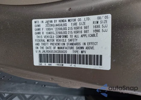 2006 Honda Cr-V Lx из США, поврежденный, VIN JHLRD68536C000020